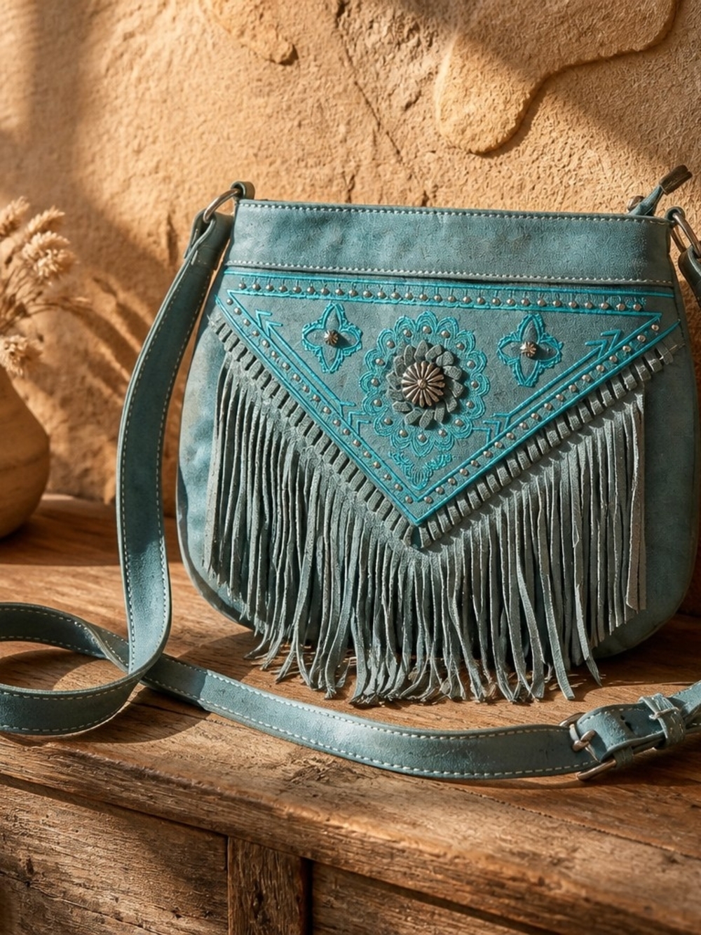 Montana West Turquoise Fringe Crossbody Bag with Embroidered Medallion